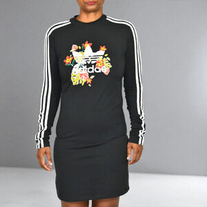 Adidas HER Studio London Floral Trefoil Dress Black Long Sleeve Mini Logo Medium